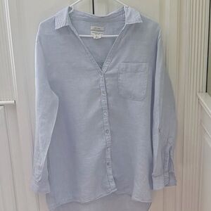 Christian Siriano Linen Blouse L Blue V-neck Button Up Roll-Tab Long Sleeves